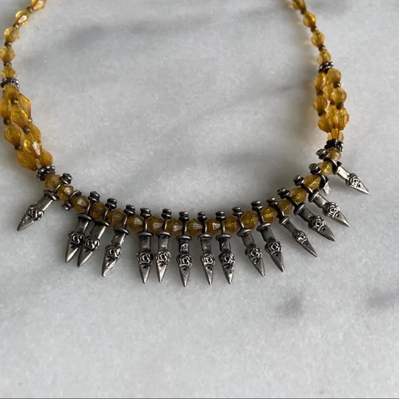 VINTAGE β’ Bohemian Vamp Spiked Beaded Necklace Hippie Savage Yellow Silver Tone - Picture 8 of 8